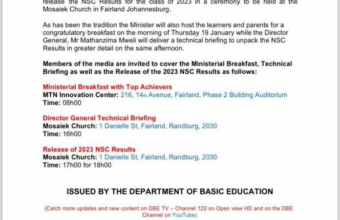 Department Of Basic Education To Release 2023 NSC Examination Results Today