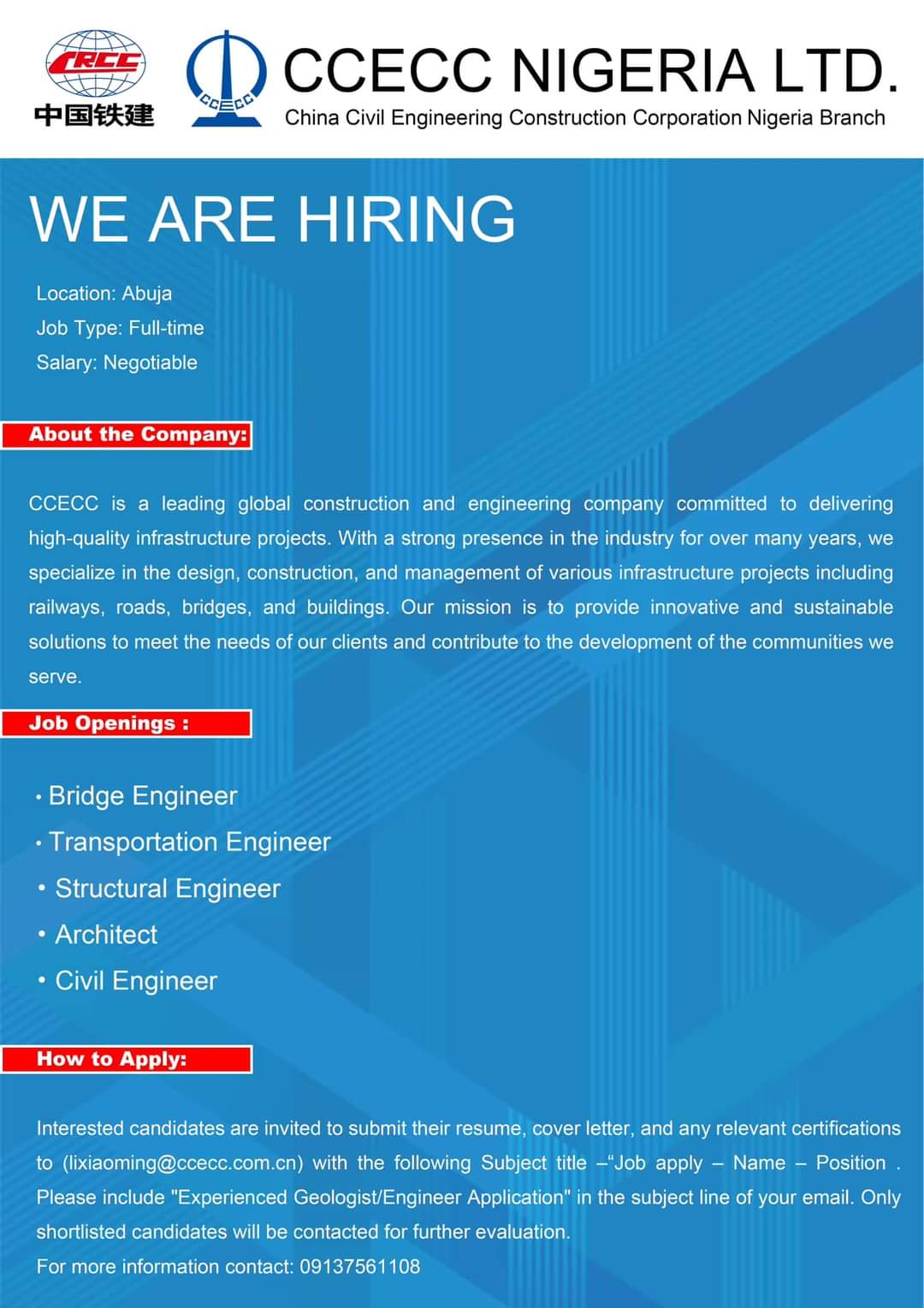 Apply Now: China Civil Engineering Construction Corporation Nigeria (CCECC) is currently recruiting