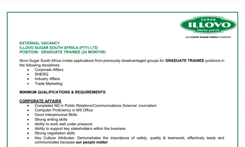 Illovo Sugar South Africa Graduate Trainee Programme (24-Months)