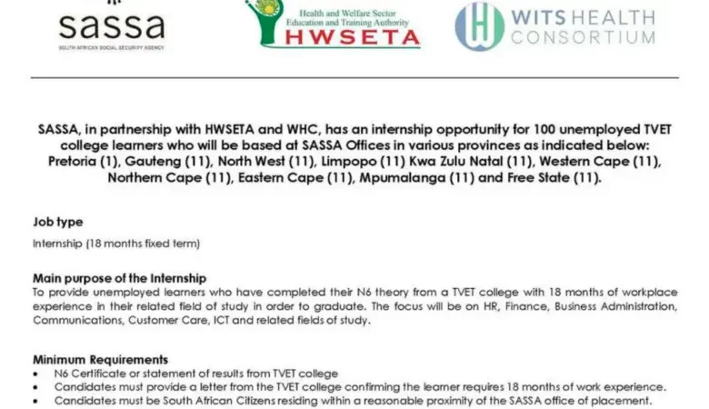 SASSA Has An Internship Opportunity For 100 Unemployed TVET College Youths In Partnership With HWSETA And Wits Health Consortium (WHC)