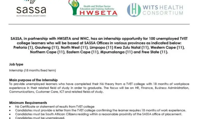 SASSA Has An Internship Opportunity For 100 Unemployed TVET College Youths In Partnership With HWSETA And Wits Health Consortium (WHC)