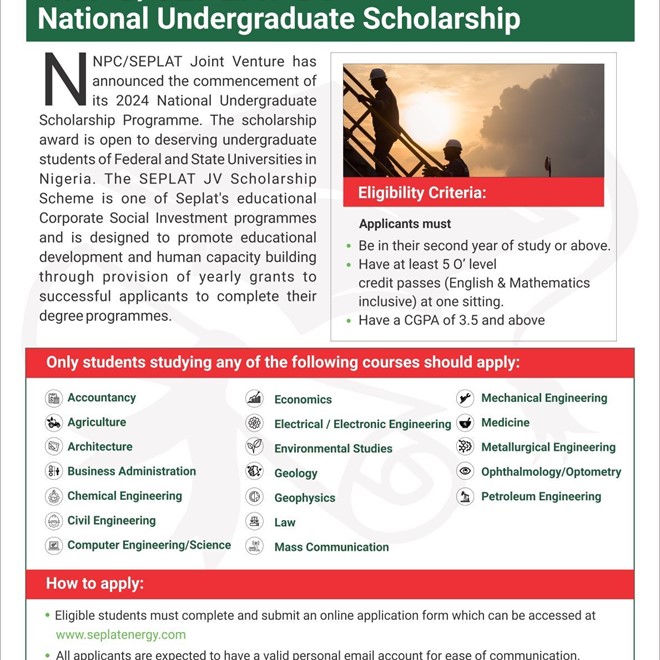 NNPC/SEPLAT Joint Venture 2024 National Undergraduate Scholarship Programme for young Nigerians